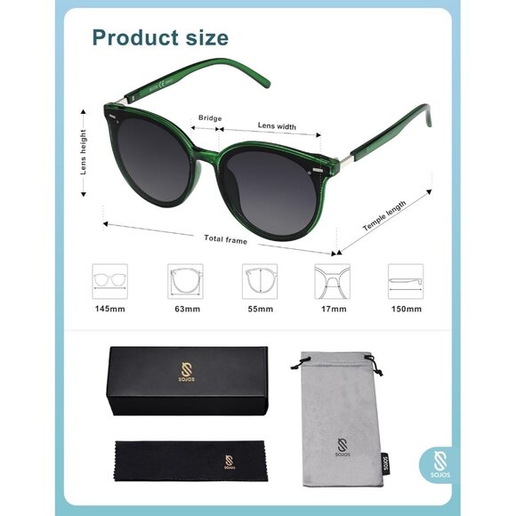 ⚡SOJOS Womens Green Trendy Classic Round Retro Vintage Large Frame Sunglasses - Picture 5 of 5
